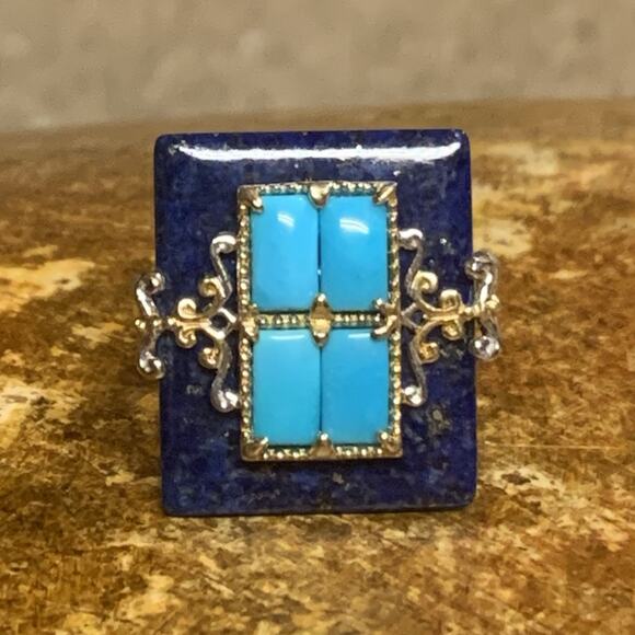 Gems En Vogue Ring Sz 9 Sterling Silver Two Tone, Lapis & Turquoise M. Valitutti - Picture 4 of 9